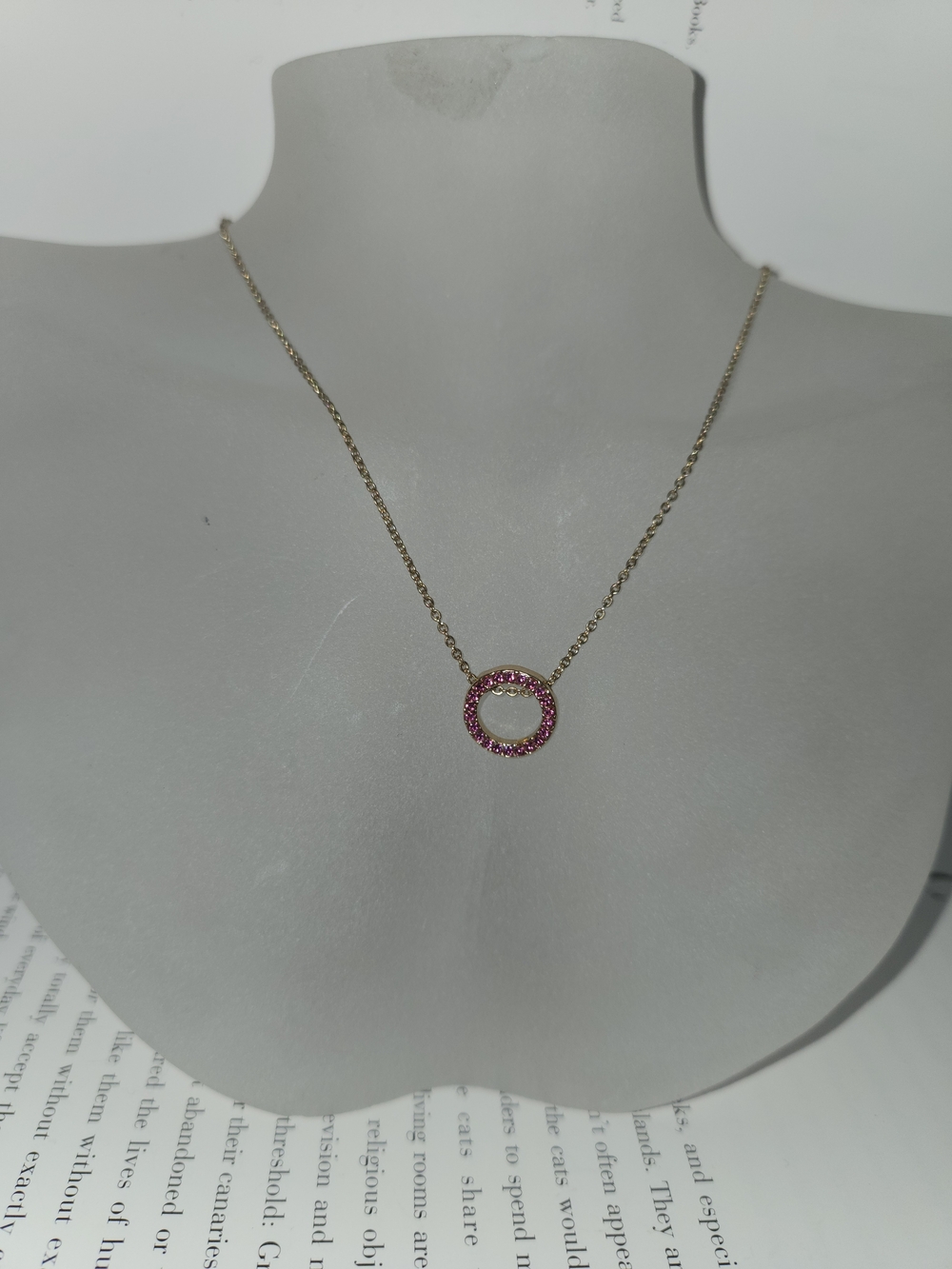 Gold Circle Pendant Necklace with Pink Stones